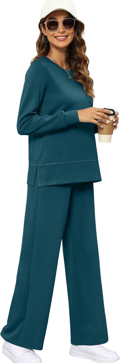 imageXIEERDUO Womens 2 Piece Lounge Sets Side Slit Outfits Wide Leg Tracksuit Comfy Loungewear Fashion Sweatsuit S3XLTeal