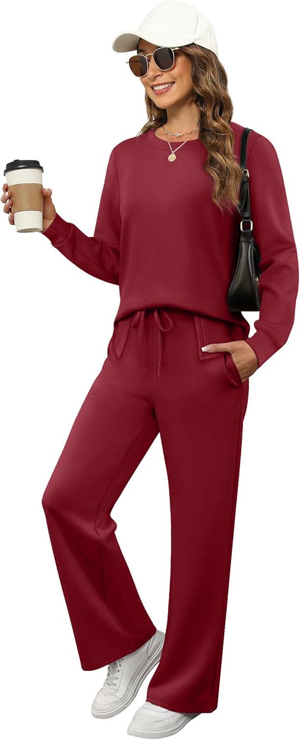 imageXIEERDUO Womens 2 Piece Lounge Sets Side Slit Outfits Wide Leg Tracksuit Comfy Loungewear Fashion Sweatsuit S3XLWine Red