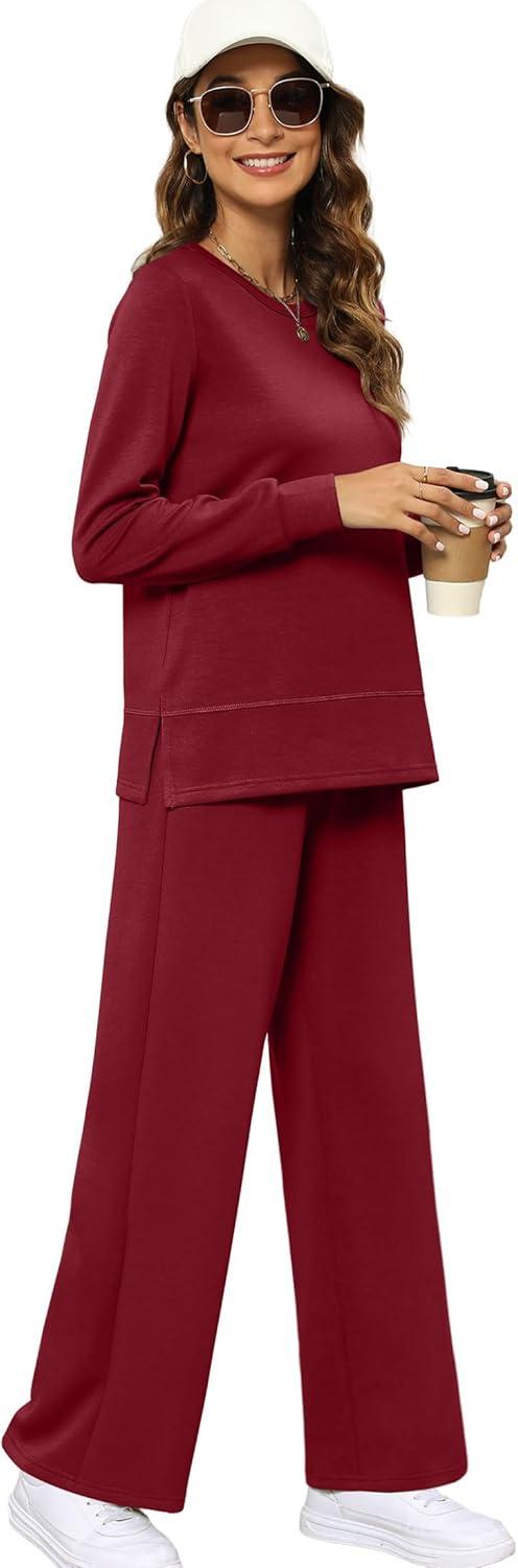 imageXIEERDUO Womens 2 Piece Lounge Sets Side Slit Outfits Wide Leg Tracksuit Comfy Loungewear Fashion Sweatsuit S3XLWine Red