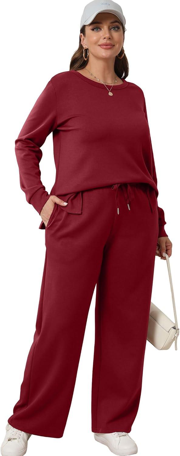 imageXIEERDUO Womens 2 Piece Lounge Sets Side Slit Outfits Wide Leg Tracksuit Comfy Loungewear Fashion Sweatsuit S3XLWine Red