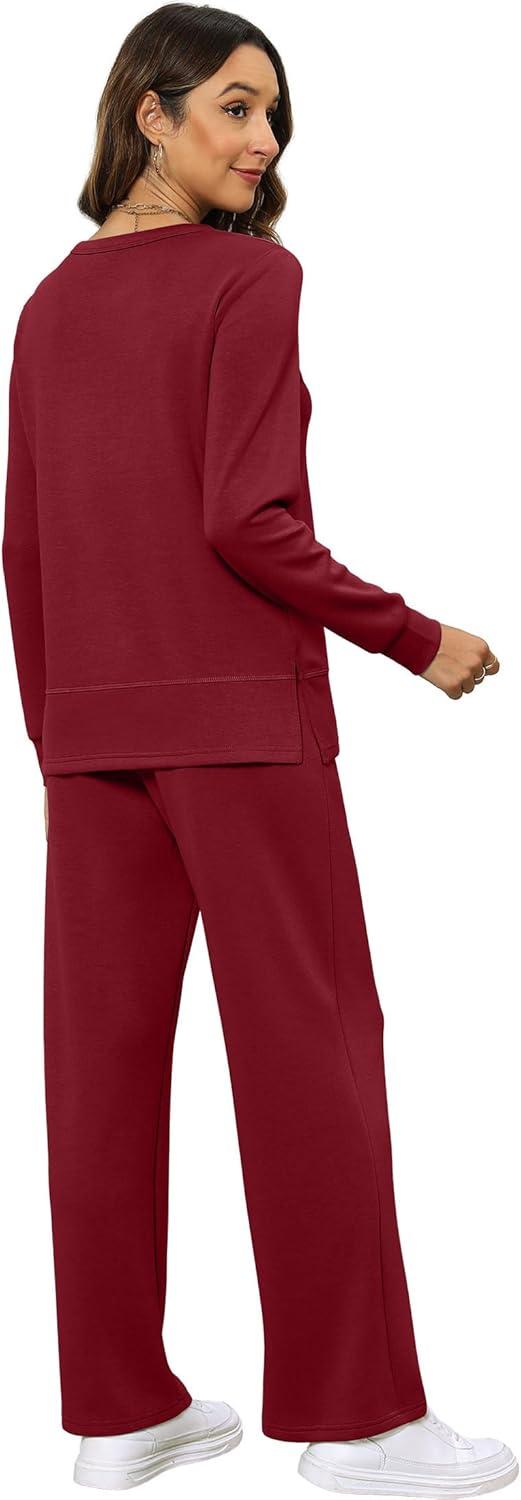 imageXIEERDUO Womens 2 Piece Lounge Sets Side Slit Outfits Wide Leg Tracksuit Comfy Loungewear Fashion Sweatsuit S3XLWine Red