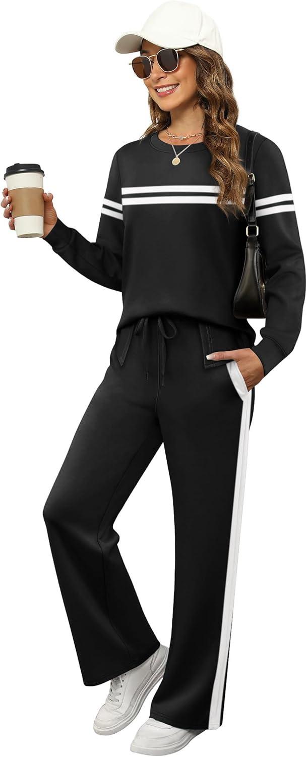 imageXIEERDUO Womens 2 Piece Lounge Sets Side Slit Outfits Wide Leg Tracksuit Comfy Loungewear Fashion Sweatsuit S3XLZ Black White