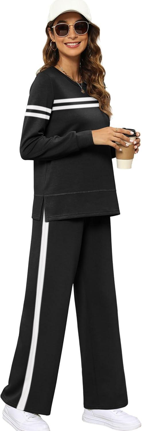 imageXIEERDUO Womens 2 Piece Lounge Sets Side Slit Outfits Wide Leg Tracksuit Comfy Loungewear Fashion Sweatsuit S3XLZ Black White