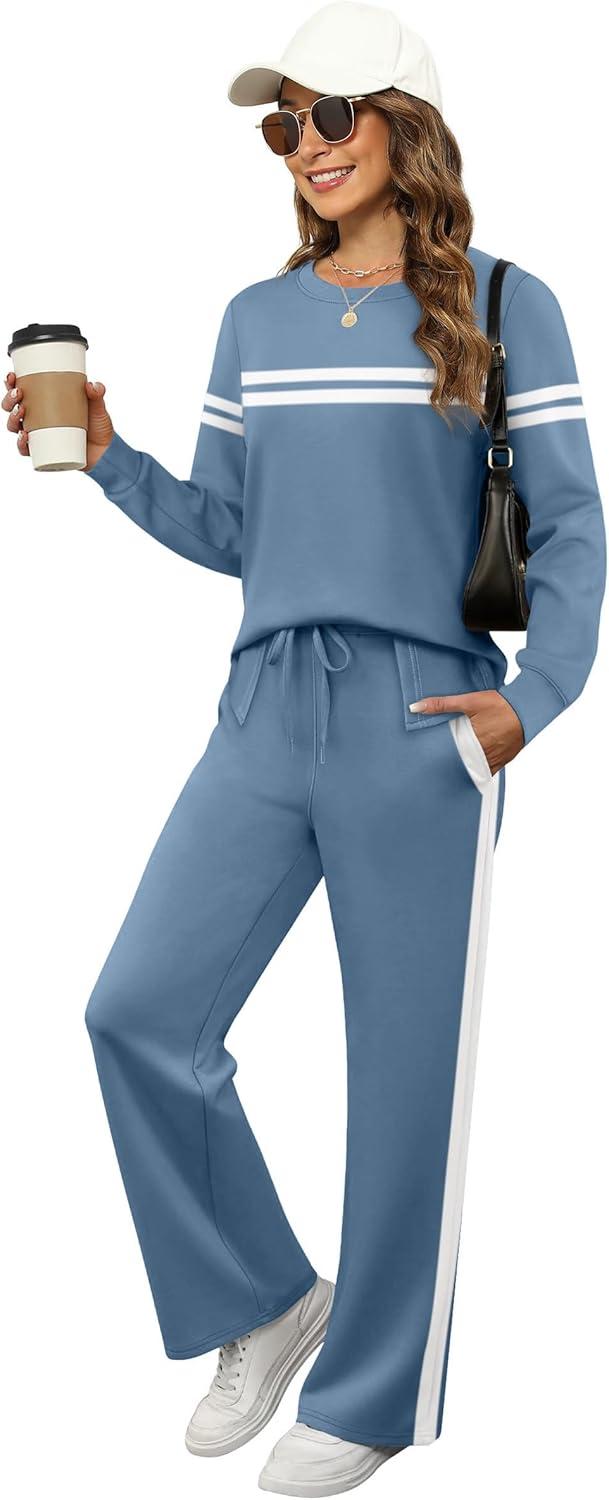 imageXIEERDUO Womens 2 Piece Lounge Sets Side Slit Outfits Wide Leg Tracksuit Comfy Loungewear Fashion Sweatsuit S3XLZ Blue White