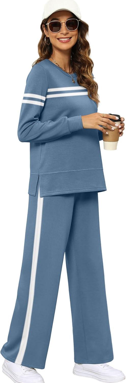imageXIEERDUO Womens 2 Piece Lounge Sets Side Slit Outfits Wide Leg Tracksuit Comfy Loungewear Fashion Sweatsuit S3XLZ Blue White