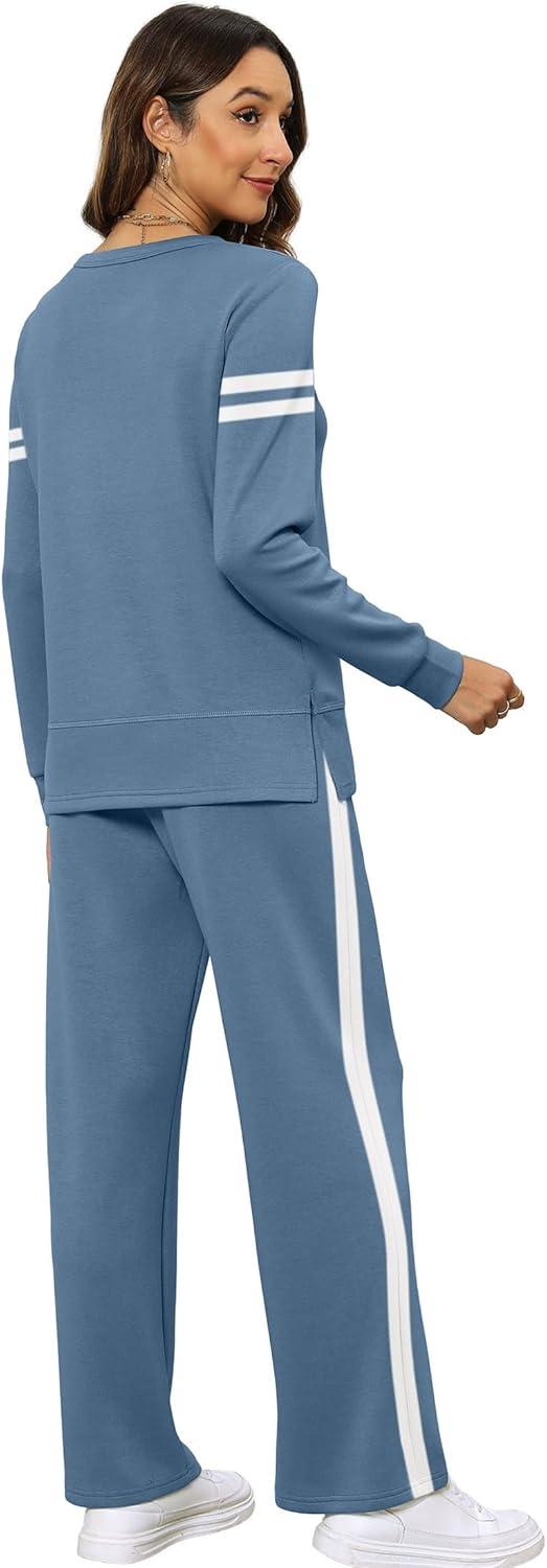 imageXIEERDUO Womens 2 Piece Lounge Sets Side Slit Outfits Wide Leg Tracksuit Comfy Loungewear Fashion Sweatsuit S3XLZ Blue White