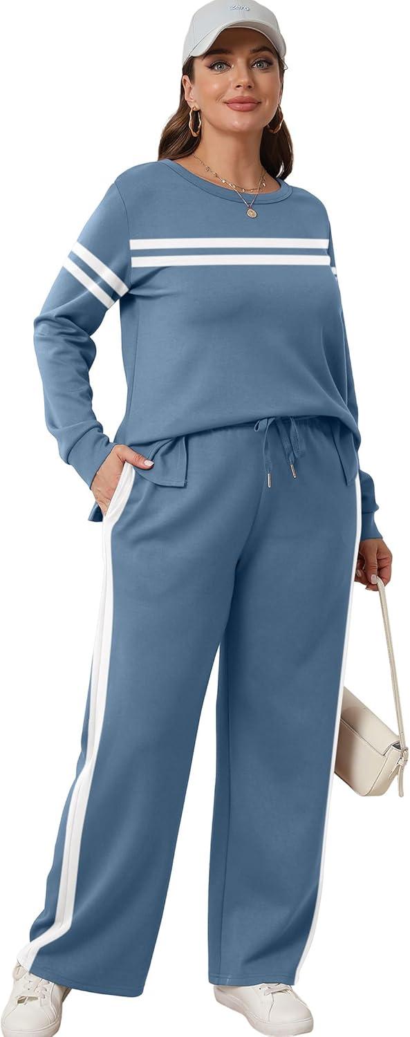 imageXIEERDUO Womens 2 Piece Lounge Sets Side Slit Outfits Wide Leg Tracksuit Comfy Loungewear Fashion Sweatsuit S3XLZ Blue White