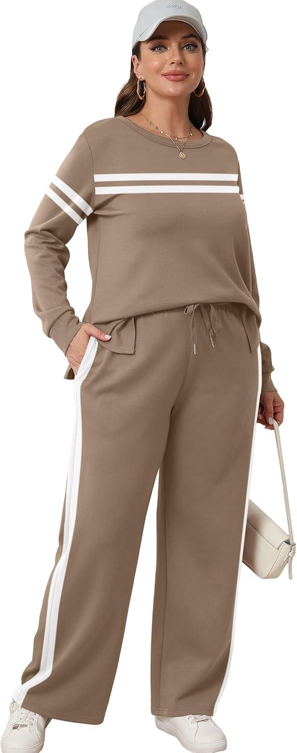 imageXIEERDUO Womens 2 Piece Lounge Sets Side Slit Outfits Wide Leg Tracksuit Comfy Loungewear Fashion Sweatsuit S3XLZ Coffe White