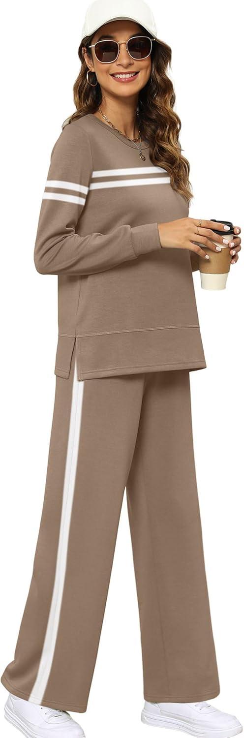 imageXIEERDUO Womens 2 Piece Lounge Sets Side Slit Outfits Wide Leg Tracksuit Comfy Loungewear Fashion Sweatsuit S3XLZ Coffe White