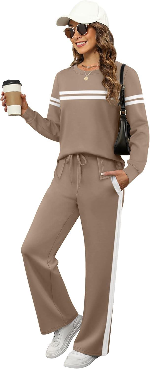 imageXIEERDUO Womens 2 Piece Lounge Sets Side Slit Outfits Wide Leg Tracksuit Comfy Loungewear Fashion Sweatsuit S3XLZ Coffe White