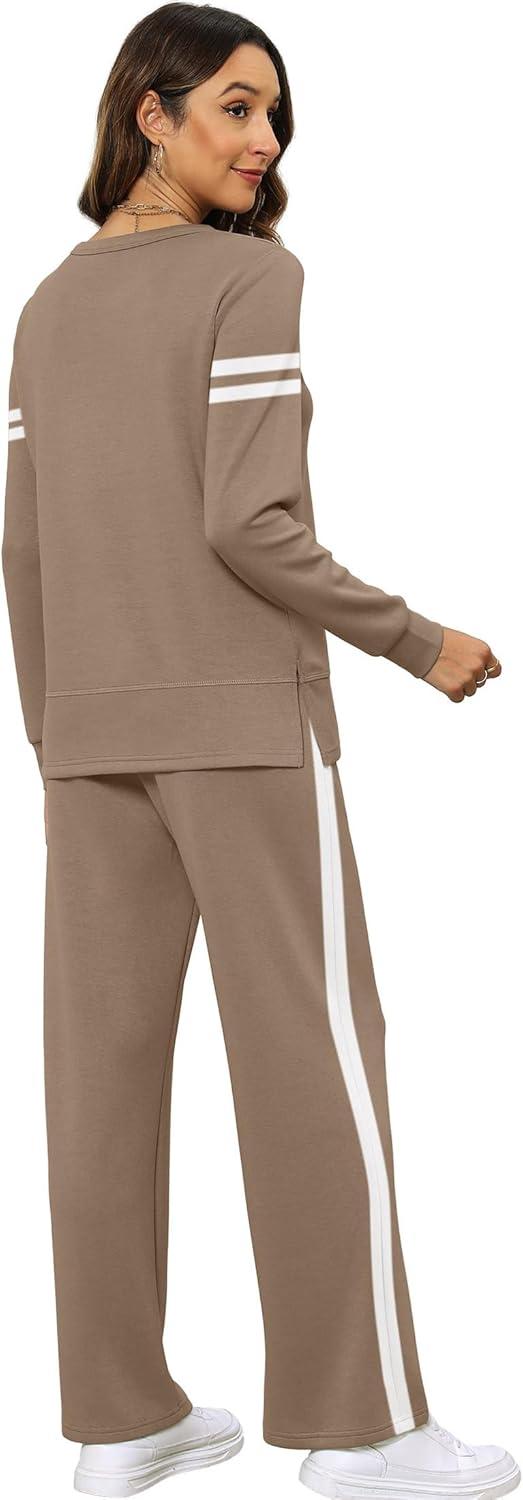 imageXIEERDUO Womens 2 Piece Lounge Sets Side Slit Outfits Wide Leg Tracksuit Comfy Loungewear Fashion Sweatsuit S3XLZ Coffe White