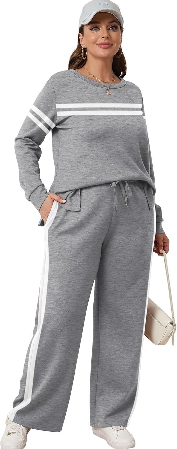 imageXIEERDUO Womens 2 Piece Lounge Sets Side Slit Outfits Wide Leg Tracksuit Comfy Loungewear Fashion Sweatsuit S3XLZ Grey White