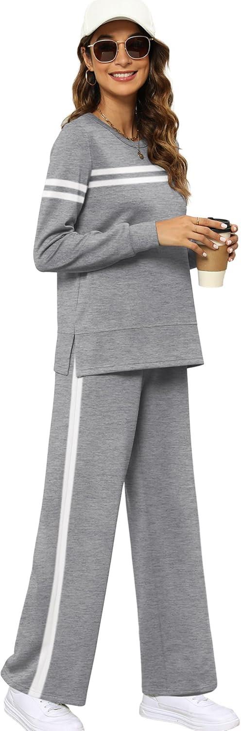 imageXIEERDUO Womens 2 Piece Lounge Sets Side Slit Outfits Wide Leg Tracksuit Comfy Loungewear Fashion Sweatsuit S3XLZ Grey White