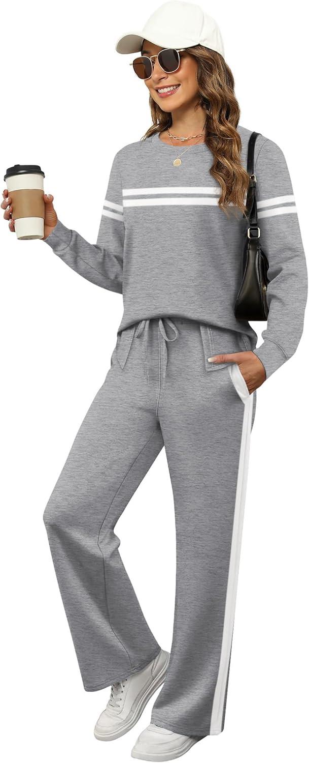 imageXIEERDUO Womens 2 Piece Lounge Sets Side Slit Outfits Wide Leg Tracksuit Comfy Loungewear Fashion Sweatsuit S3XLZ Grey White