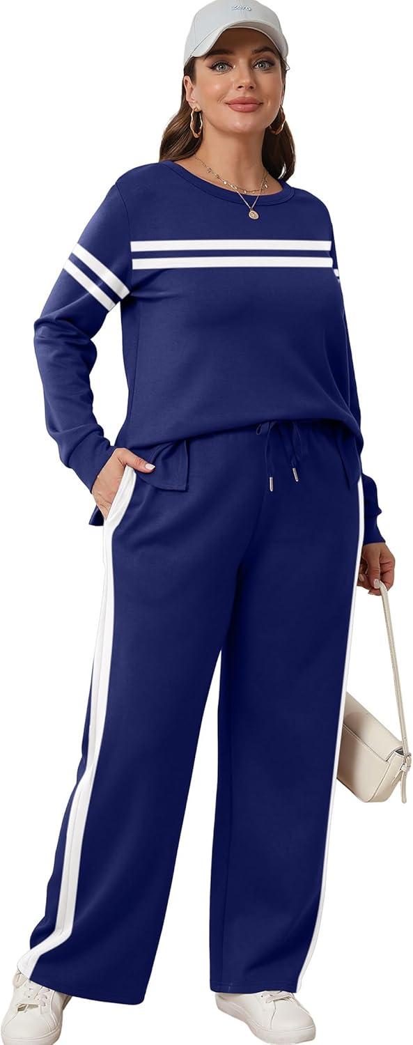 imageXIEERDUO Womens 2 Piece Lounge Sets Side Slit Outfits Wide Leg Tracksuit Comfy Loungewear Fashion Sweatsuit S3XLZ Navy White