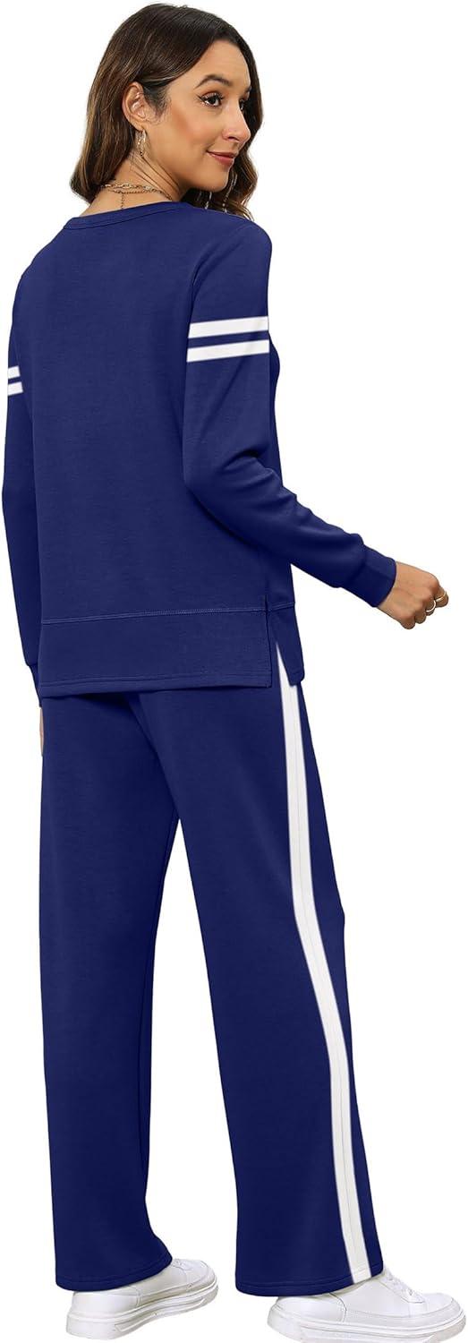 imageXIEERDUO Womens 2 Piece Lounge Sets Side Slit Outfits Wide Leg Tracksuit Comfy Loungewear Fashion Sweatsuit S3XLZ Navy White