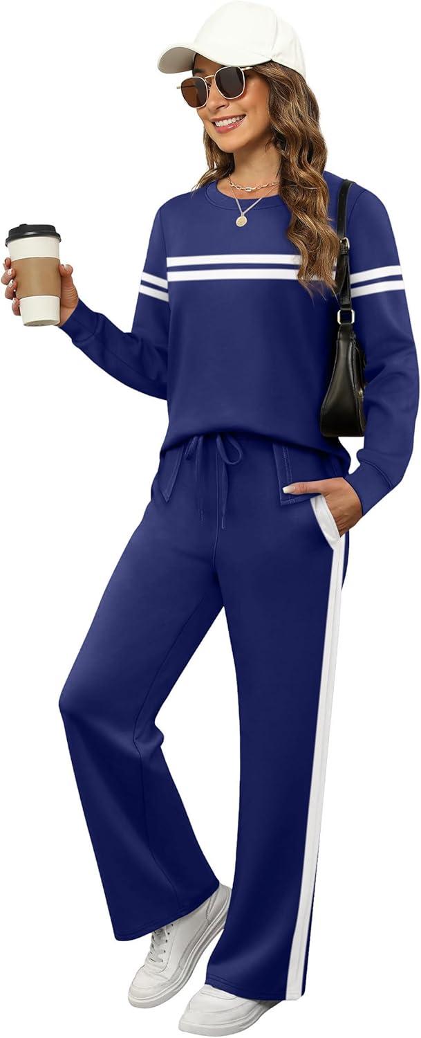 imageXIEERDUO Womens 2 Piece Lounge Sets Side Slit Outfits Wide Leg Tracksuit Comfy Loungewear Fashion Sweatsuit S3XLZ Navy White
