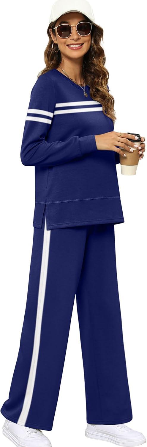 imageXIEERDUO Womens 2 Piece Lounge Sets Side Slit Outfits Wide Leg Tracksuit Comfy Loungewear Fashion Sweatsuit S3XLZ Navy White