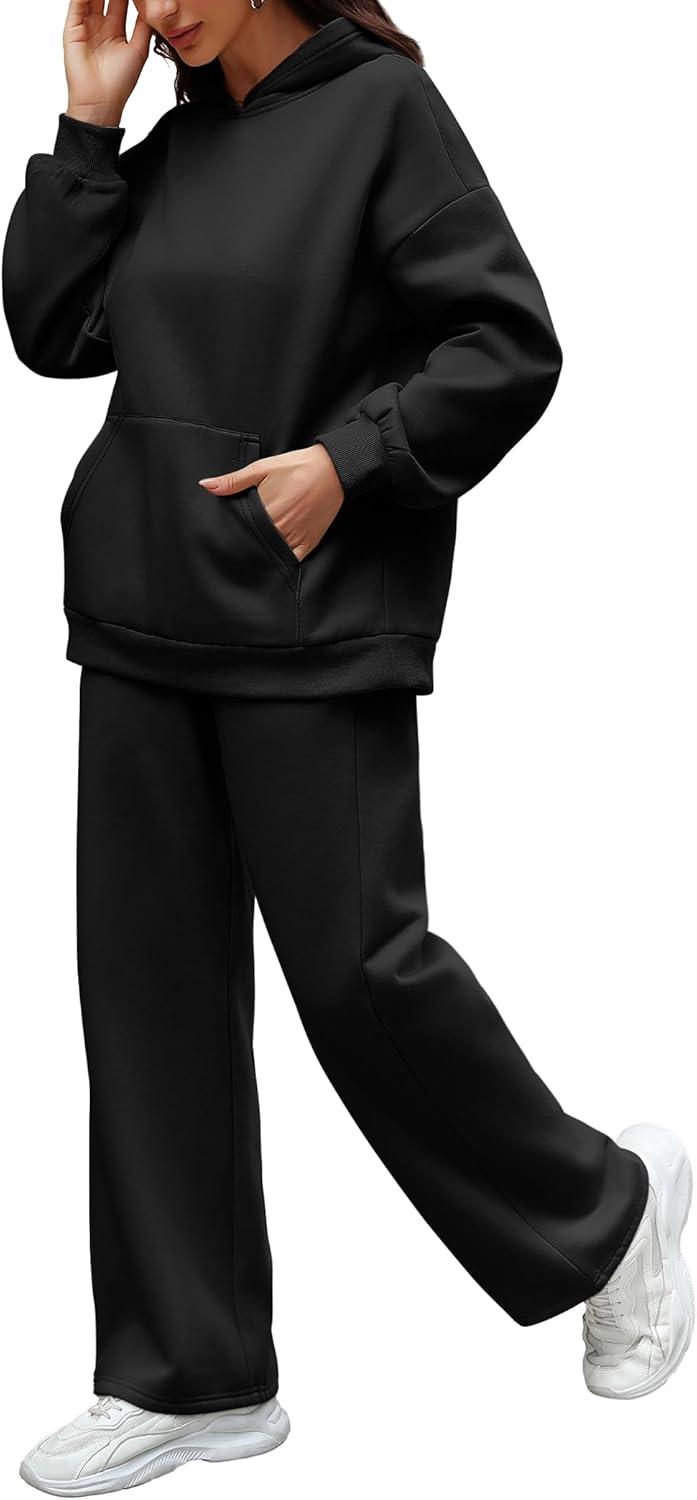 imageXIEERDUO Womens 2 Piece Outfits 2024 Sweatsuit Set Track Suits Oversized Hoodie Sweatshirts Wide Leg Sweatpants with PocketsA01black