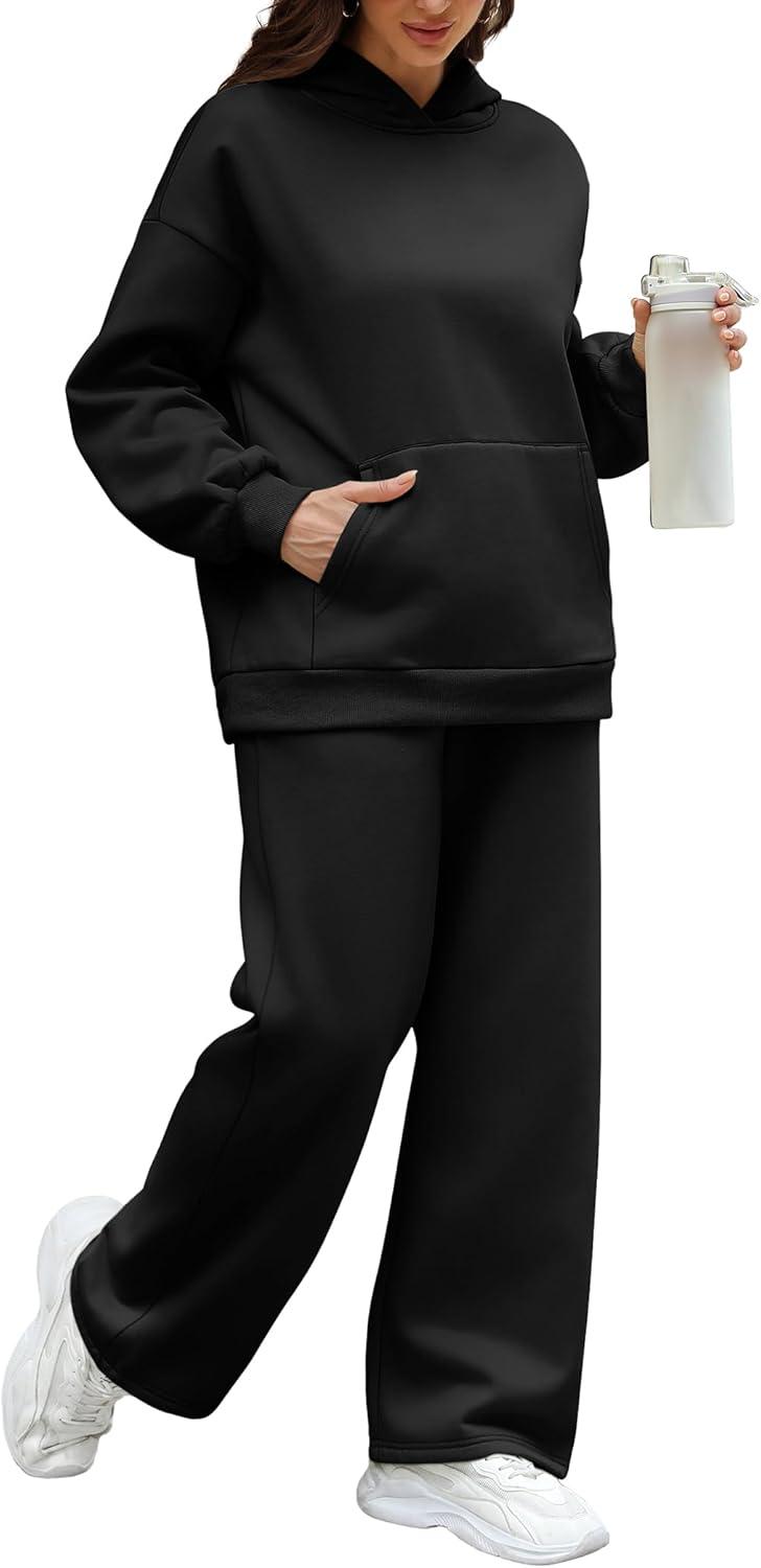imageXIEERDUO Womens 2 Piece Outfits 2024 Sweatsuit Set Track Suits Oversized Hoodie Sweatshirts Wide Leg Sweatpants with PocketsA01black