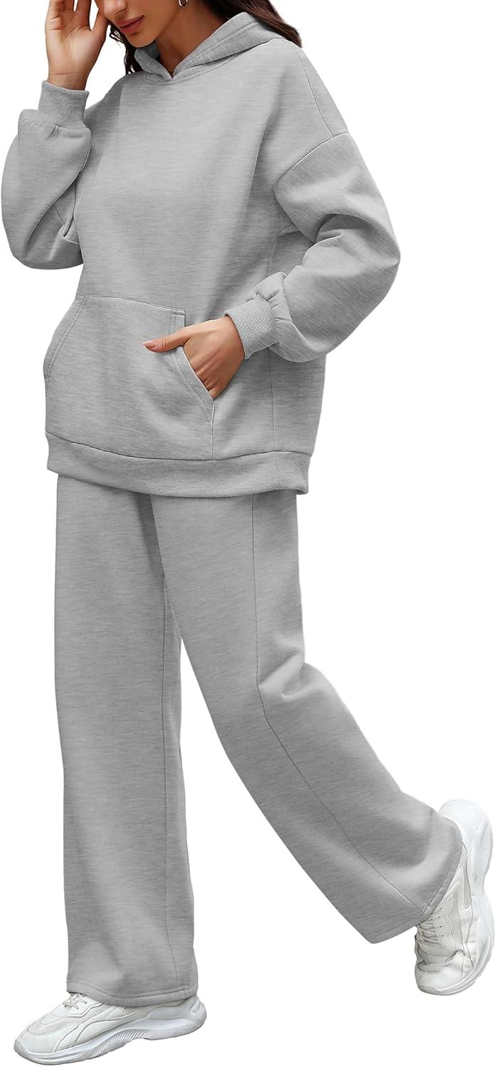 imageXIEERDUO Womens 2 Piece Outfits 2024 Sweatsuit Set Track Suits Oversized Hoodie Sweatshirts Wide Leg Sweatpants with PocketsA03light Grey