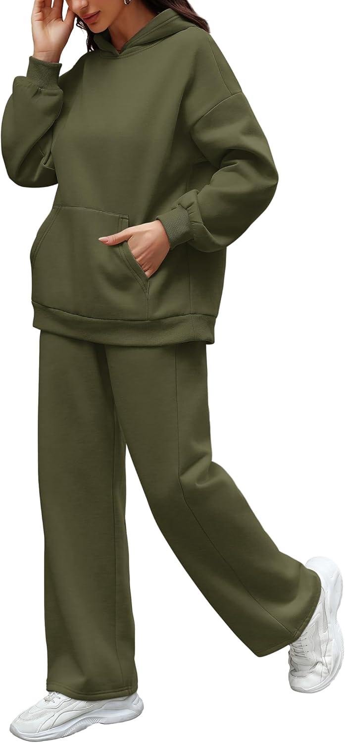 imageXIEERDUO Womens 2 Piece Outfits 2024 Sweatsuit Set Track Suits Oversized Hoodie Sweatshirts Wide Leg Sweatpants with PocketsA04brown Green