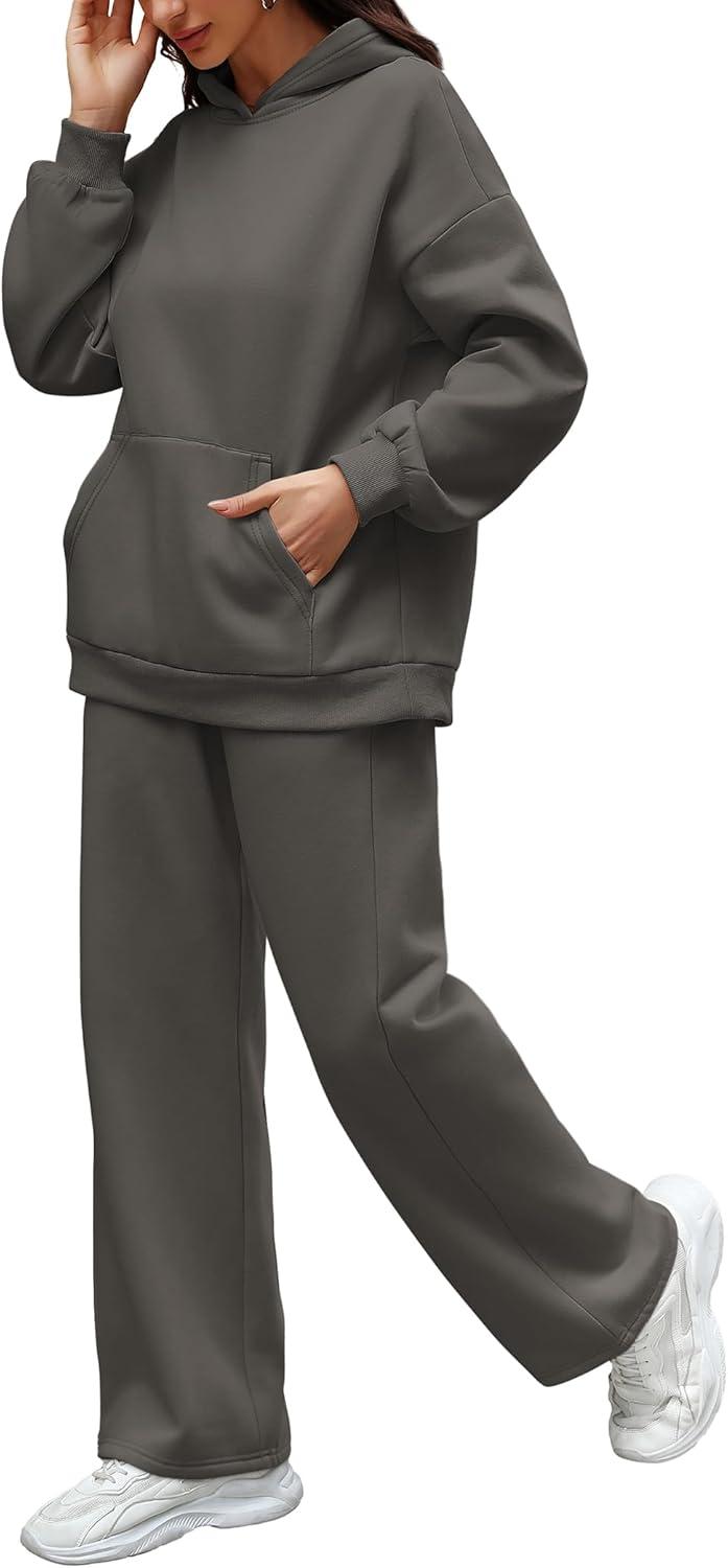 imageXIEERDUO Womens 2 Piece Outfits 2024 Sweatsuit Set Track Suits Oversized Hoodie Sweatshirts Wide Leg Sweatpants with PocketsA05dark Grey