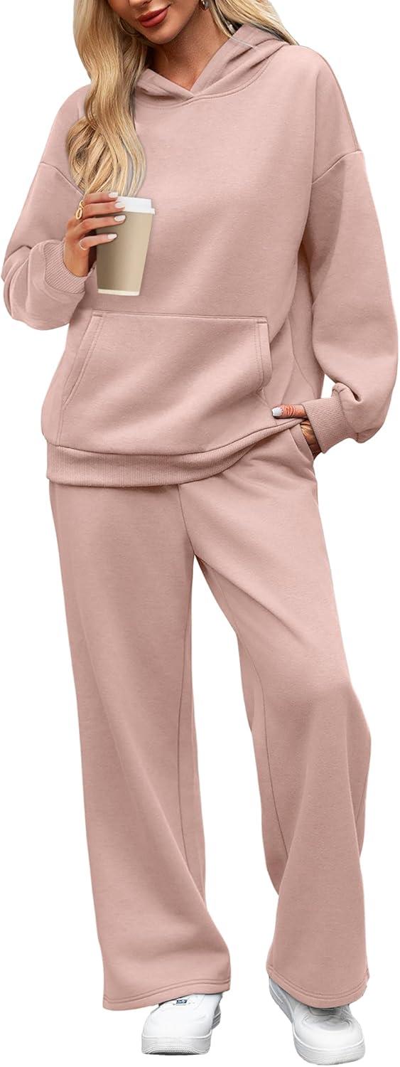 imageXIEERDUO Womens 2 Piece Outfits 2024 Sweatsuit Set Track Suits Oversized Hoodie Sweatshirts Wide Leg Sweatpants with PocketsA06grey Pink