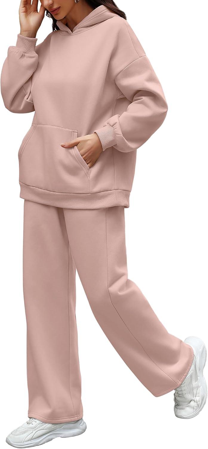imageXIEERDUO Womens 2 Piece Outfits 2024 Sweatsuit Set Track Suits Oversized Hoodie Sweatshirts Wide Leg Sweatpants with PocketsA06grey Pink