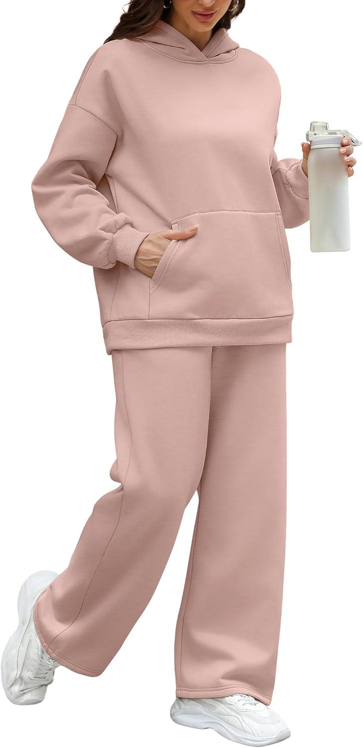 imageXIEERDUO Womens 2 Piece Outfits 2024 Sweatsuit Set Track Suits Oversized Hoodie Sweatshirts Wide Leg Sweatpants with PocketsA06grey Pink