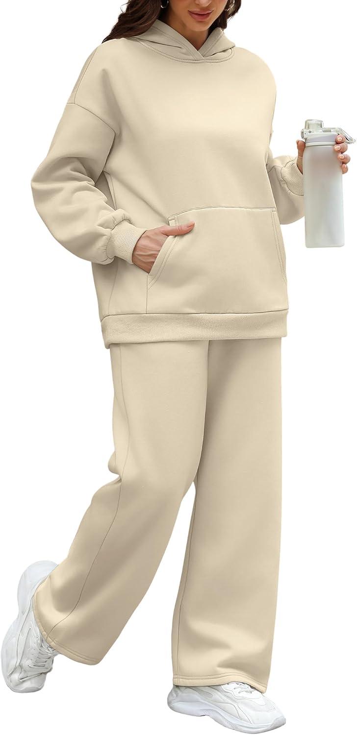 imageXIEERDUO Womens 2 Piece Outfits 2024 Sweatsuit Set Track Suits Oversized Hoodie Sweatshirts Wide Leg Sweatpants with PocketsA07apricot