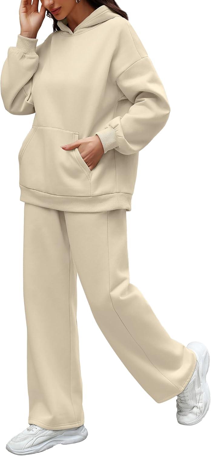 imageXIEERDUO Womens 2 Piece Outfits 2024 Sweatsuit Set Track Suits Oversized Hoodie Sweatshirts Wide Leg Sweatpants with PocketsA07apricot