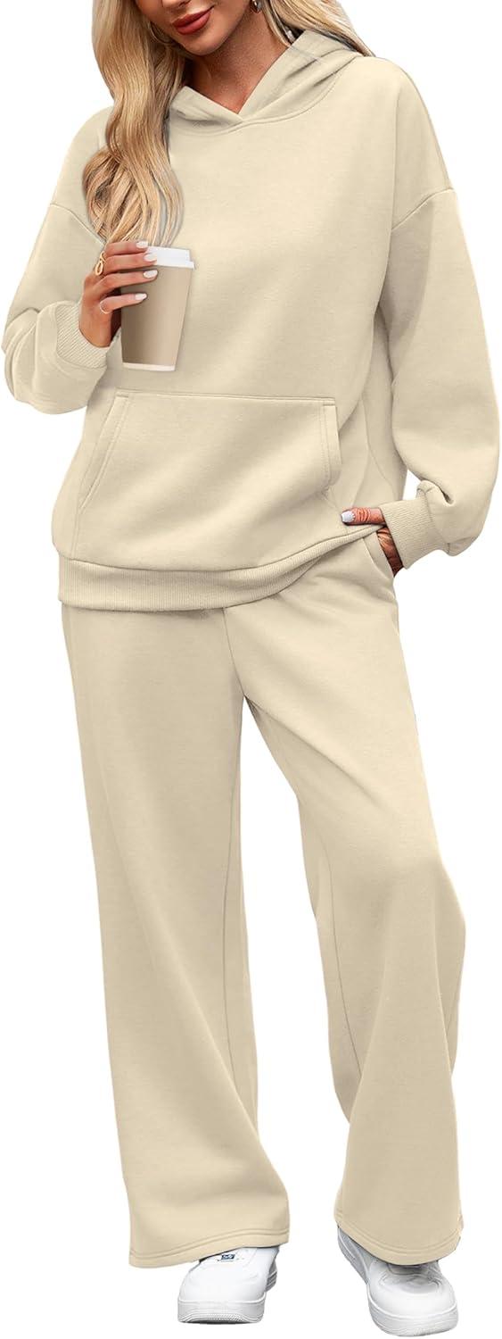 imageXIEERDUO Womens 2 Piece Outfits 2024 Sweatsuit Set Track Suits Oversized Hoodie Sweatshirts Wide Leg Sweatpants with PocketsA07apricot