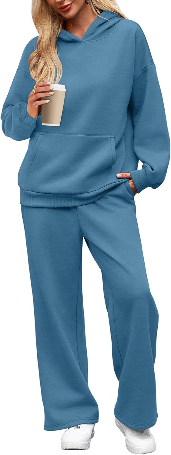 imageXIEERDUO Womens 2 Piece Outfits 2024 Sweatsuit Set Track Suits Oversized Hoodie Sweatshirts Wide Leg Sweatpants with PocketsA08grey Blue