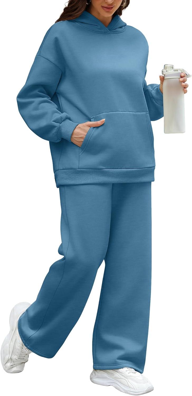 imageXIEERDUO Womens 2 Piece Outfits 2024 Sweatsuit Set Track Suits Oversized Hoodie Sweatshirts Wide Leg Sweatpants with PocketsA08grey Blue