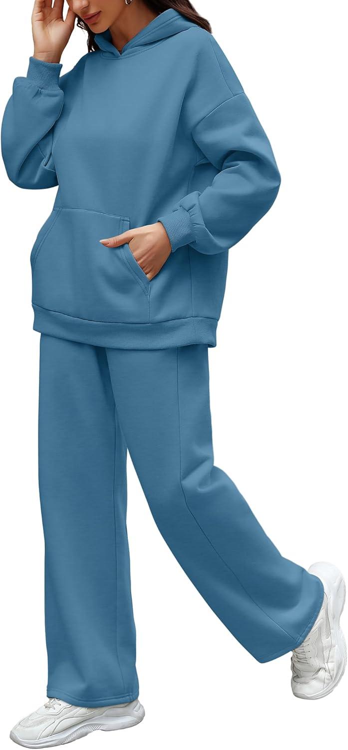 imageXIEERDUO Womens 2 Piece Outfits 2024 Sweatsuit Set Track Suits Oversized Hoodie Sweatshirts Wide Leg Sweatpants with PocketsA08grey Blue