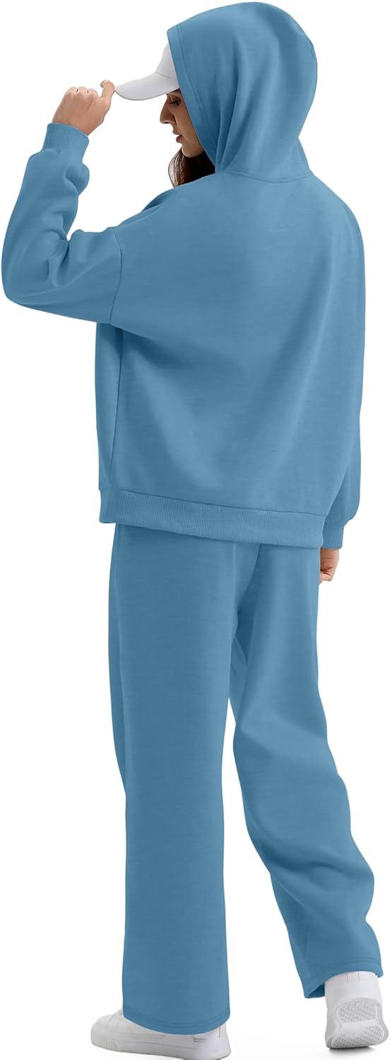 imageXIEERDUO Womens 2 Piece Outfits 2024 Sweatsuit Set Track Suits Oversized Hoodie Sweatshirts Wide Leg Sweatpants with PocketsA08grey Blue