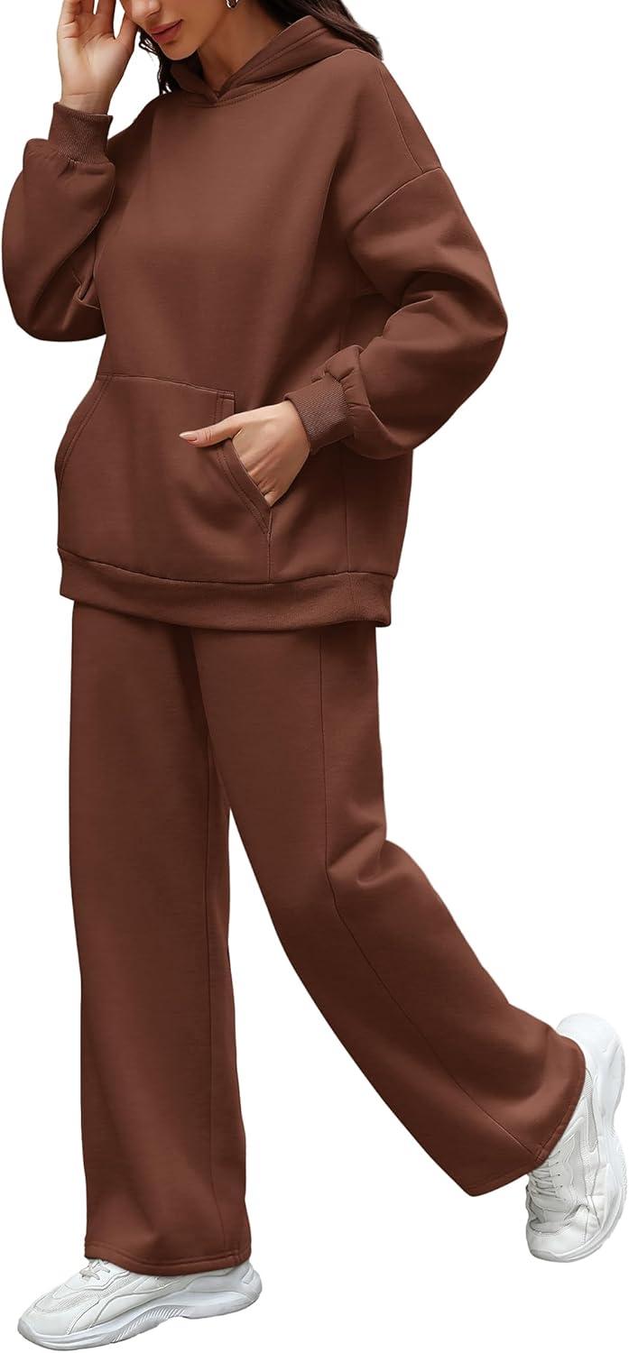 imageXIEERDUO Womens 2 Piece Outfits 2024 Sweatsuit Set Track Suits Oversized Hoodie Sweatshirts Wide Leg Sweatpants with PocketsA09brown