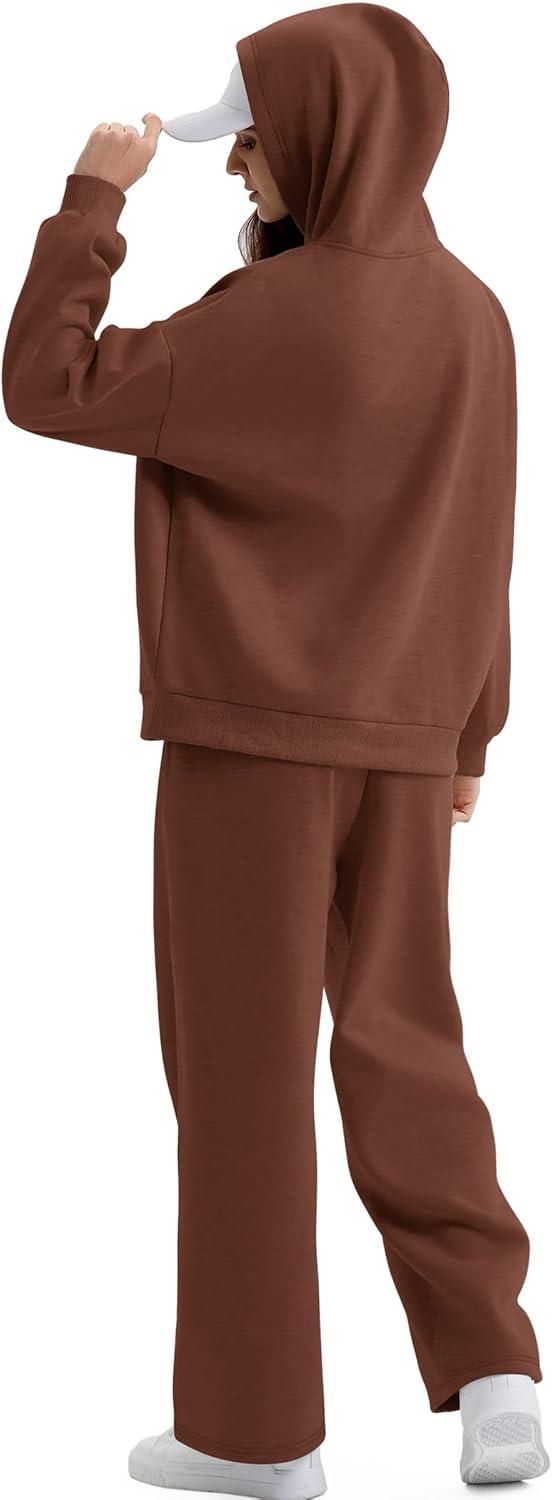 imageXIEERDUO Womens 2 Piece Outfits 2024 Sweatsuit Set Track Suits Oversized Hoodie Sweatshirts Wide Leg Sweatpants with PocketsA09brown