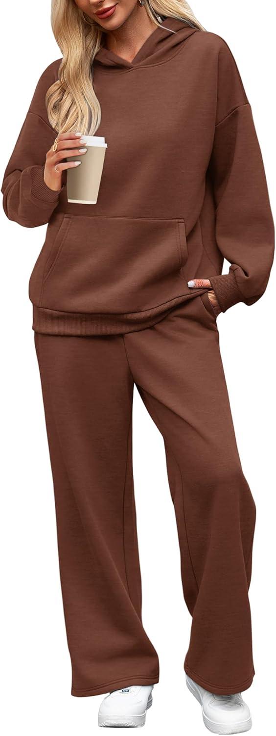 imageXIEERDUO Womens 2 Piece Outfits 2024 Sweatsuit Set Track Suits Oversized Hoodie Sweatshirts Wide Leg Sweatpants with PocketsA09brown