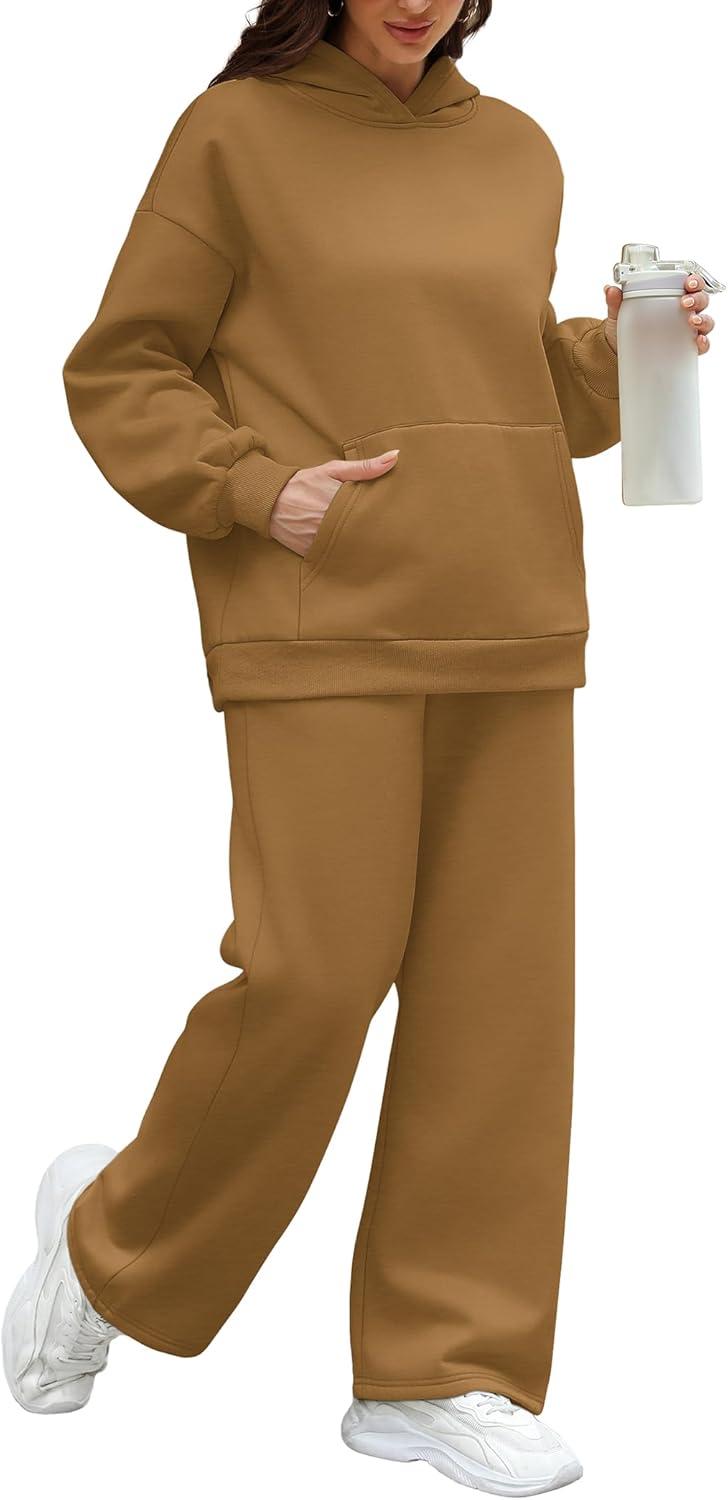 imageXIEERDUO Womens 2 Piece Outfits 2024 Sweatsuit Set Track Suits Oversized Hoodie Sweatshirts Wide Leg Sweatpants with PocketsA10 Khaki