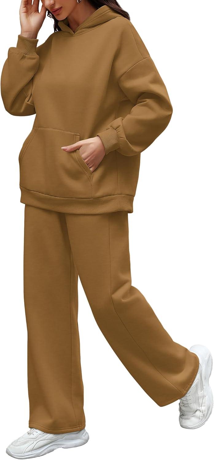 imageXIEERDUO Womens 2 Piece Outfits 2024 Sweatsuit Set Track Suits Oversized Hoodie Sweatshirts Wide Leg Sweatpants with PocketsA10 Khaki