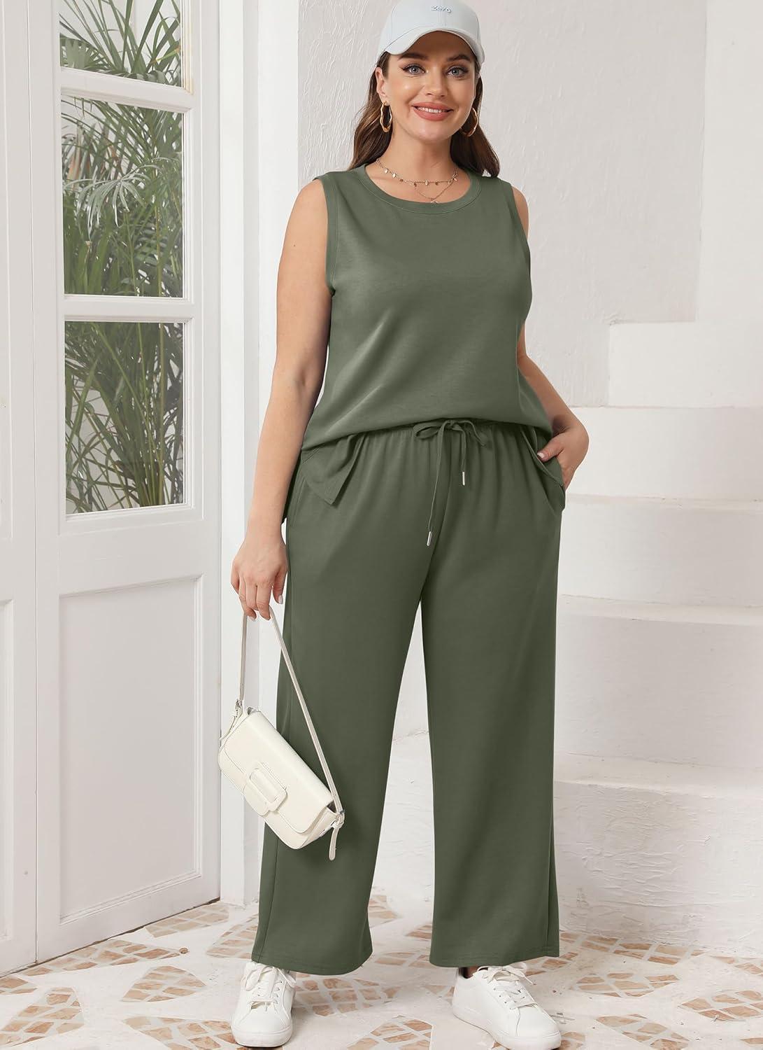 imageXIEERDUO Womens 2 Piece Outfits Summer Travel Tracksuit Loose Wide Leg Loungewear Comfy Lounge Sets S3XLA04army Green