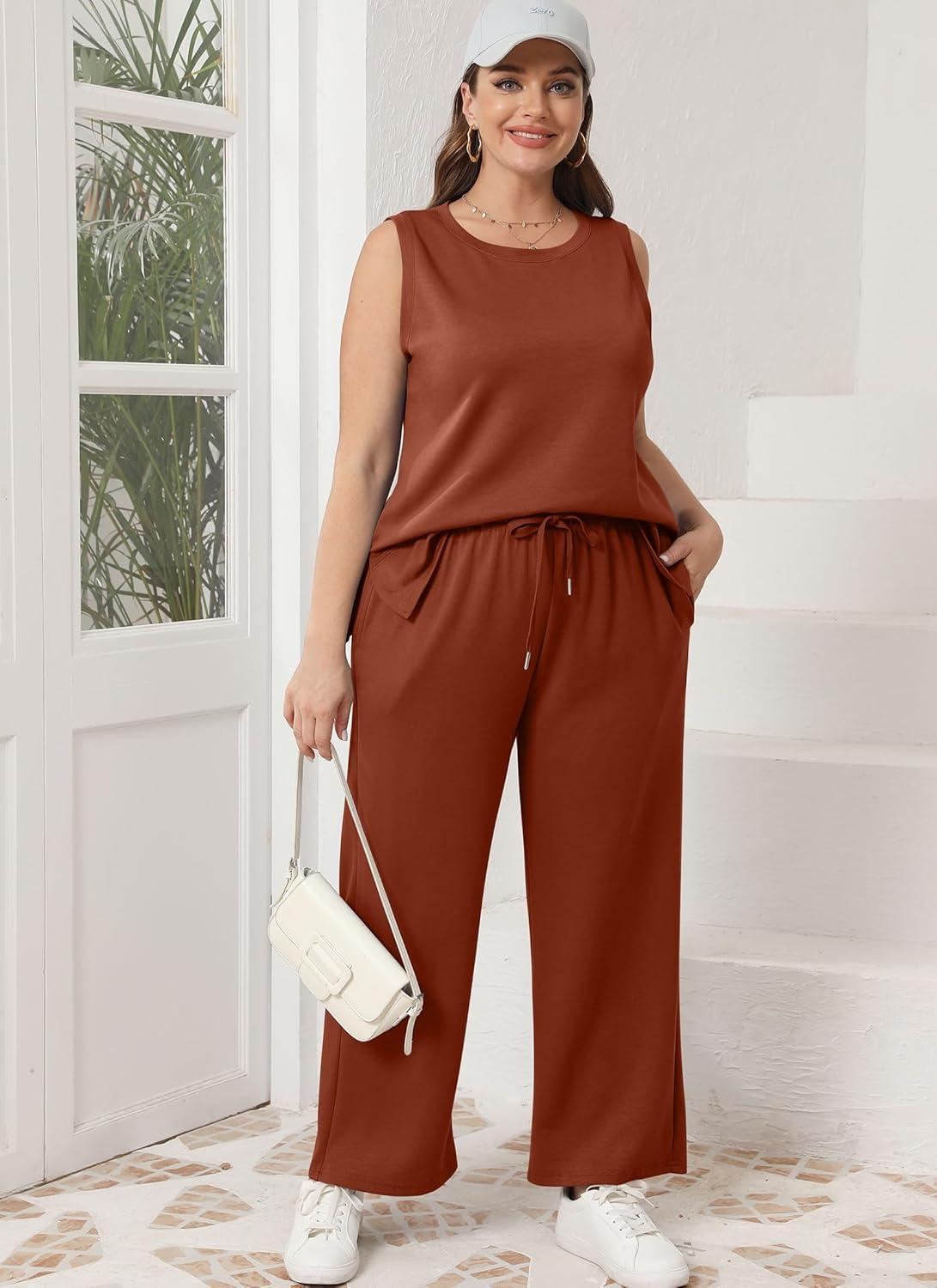 imageXIEERDUO Womens 2 Piece Outfits Summer Travel Tracksuit Loose Wide Leg Loungewear Comfy Lounge Sets S3XLA10rust