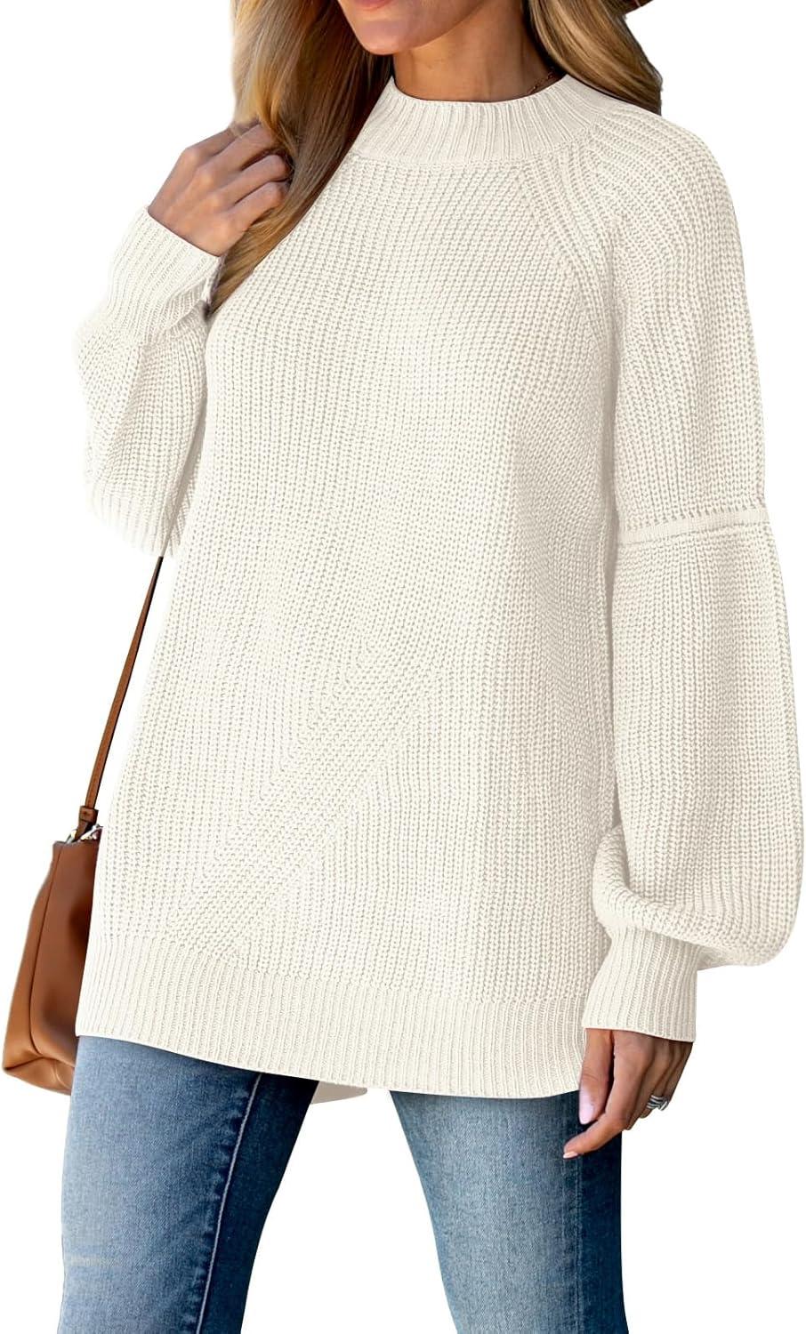 imageXIEERDUO Womens Balloon Sleeve Mock Neck Casual Sweaters Fuzzy Knitted Pullvoer Sweater Warm