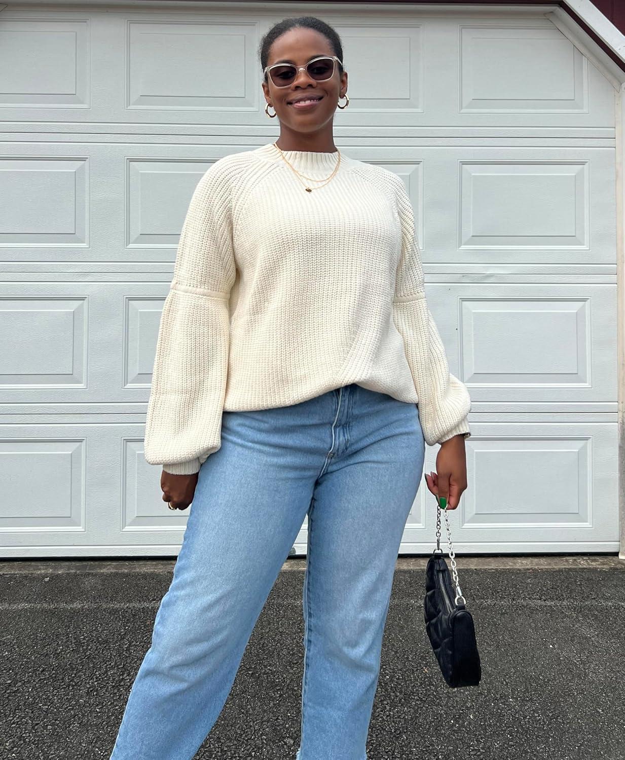 imageXIEERDUO Womens Balloon Sleeve Mock Neck Casual Sweaters Fuzzy Knitted Pullvoer Sweater Warm