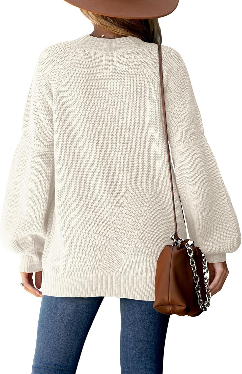 imageXIEERDUO Womens Balloon Sleeve Mock Neck Casual Sweaters Fuzzy Knitted Pullvoer Sweater Warm