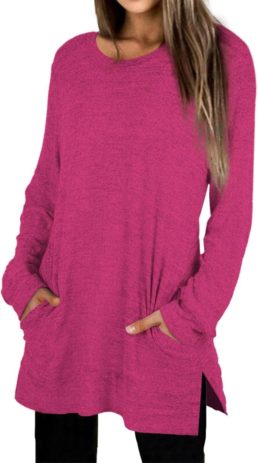 imageXIEERDUO Womens Casual Sweatshirts Long Sleeve Shirts Oversized With Pocket Tunic Tops S3XL120hot Pink
