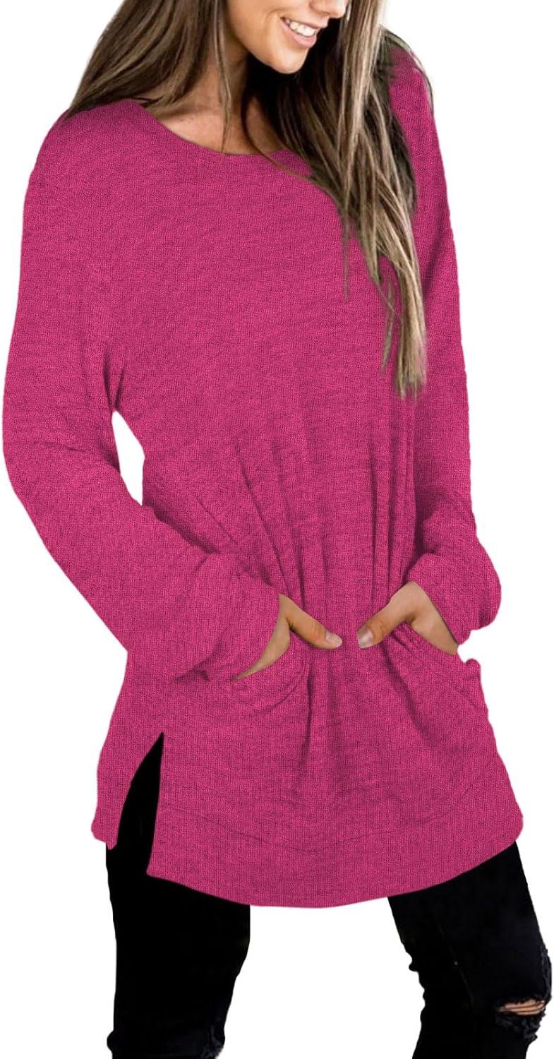 imageXIEERDUO Womens Casual Sweatshirts Long Sleeve Shirts Oversized With Pocket Tunic Tops S3XL120hot Pink