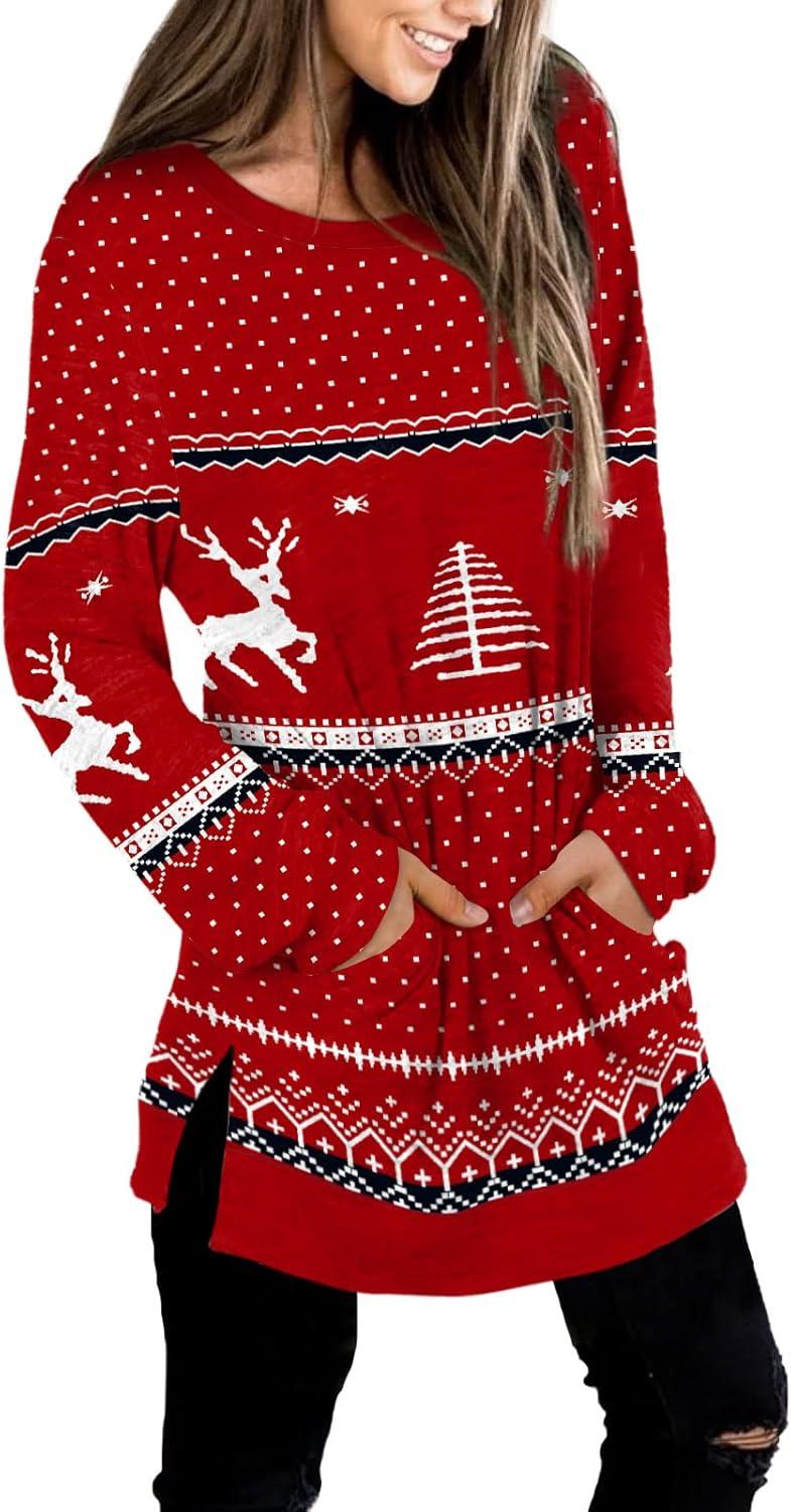 imageXIEERDUO Womens Casual Sweatshirts Long Sleeve Shirts Oversized With Pocket Tunic Tops S3XL142xmas Deer